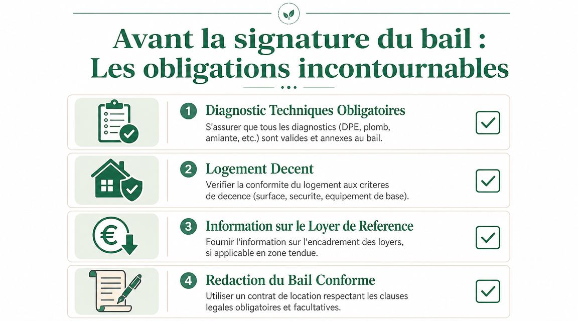 Infographie résumant les quatre obligations légales essentielles du propriétaire avant la signature d'un contrat de location immobilière.