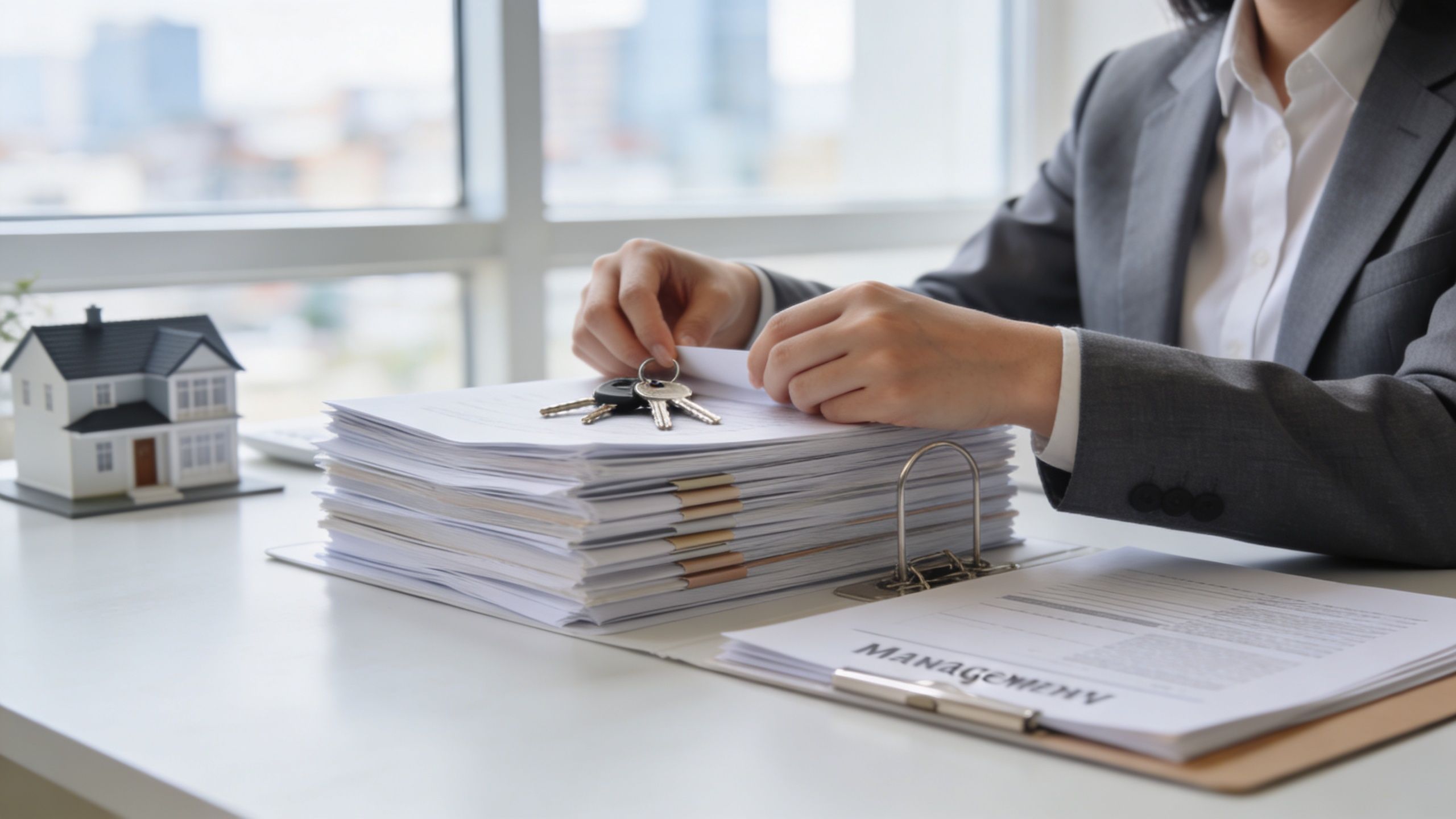 Une agente immobilière en costume pose des clés sur une pile de documents officiels au bureau