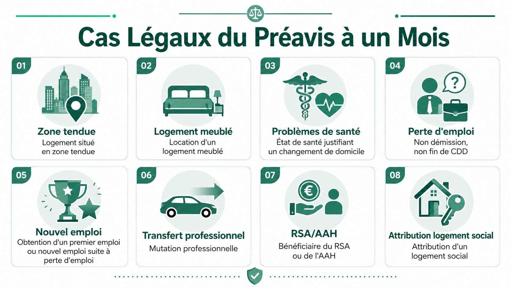 Infographie présentant les 8 cas légaux permettant de réduire son préavis de location à un mois en France.