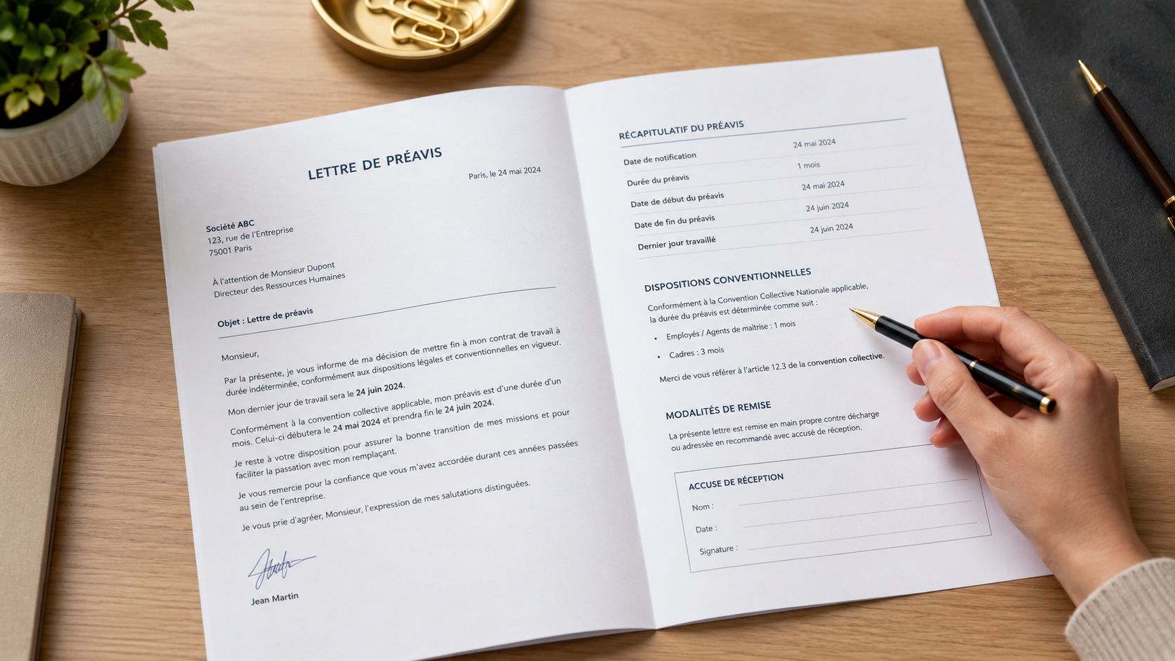 Une lettre de préavis de départ signée sur un bureau en bois avec une main tenant un stylo.