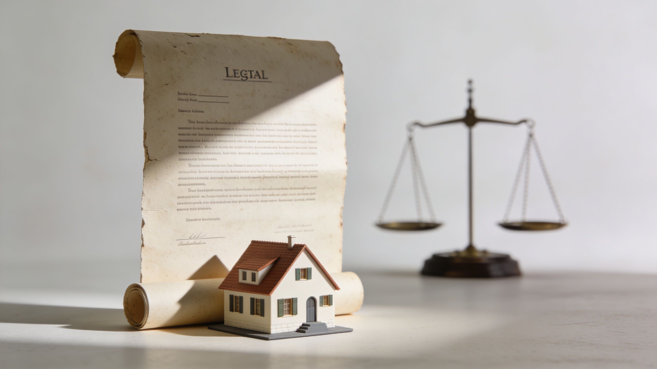 Une maquette de maison posée devant un document légal ancien et une balance de la justice.