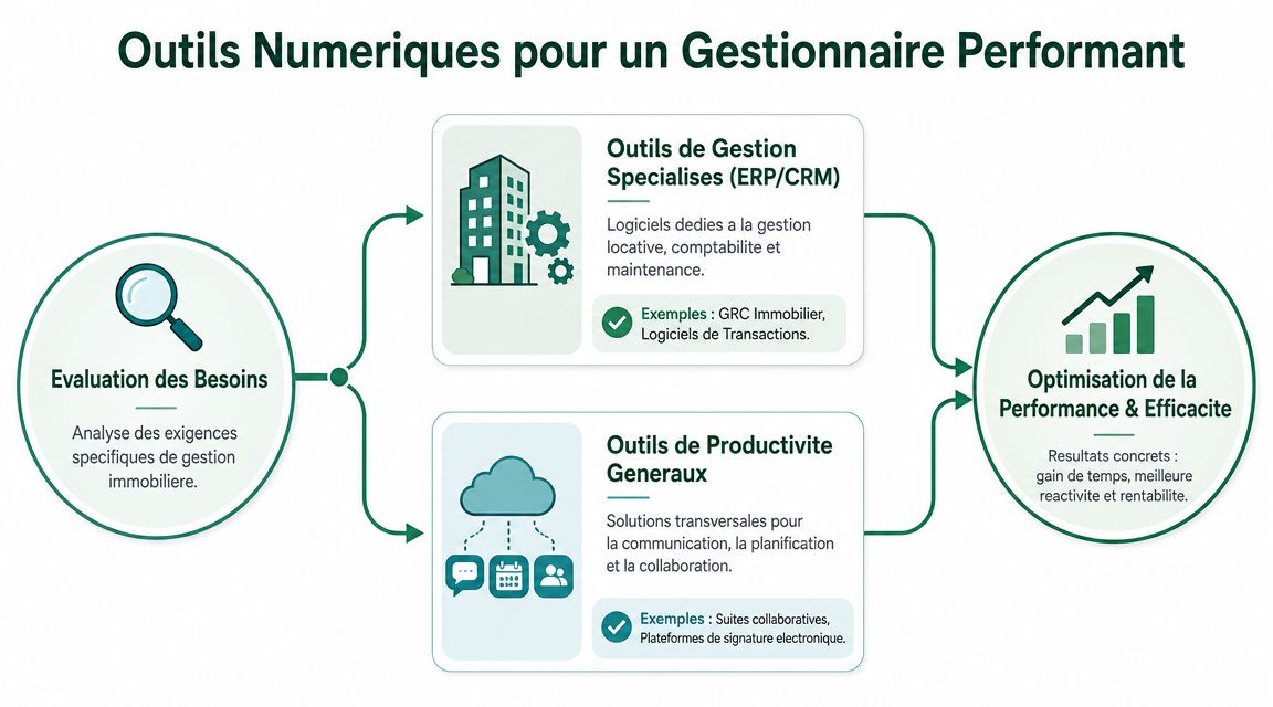Schéma illustrant les outils numériques pour optimiser la gestion immobilière, de l'évaluation aux outils spécialisés et généraux.