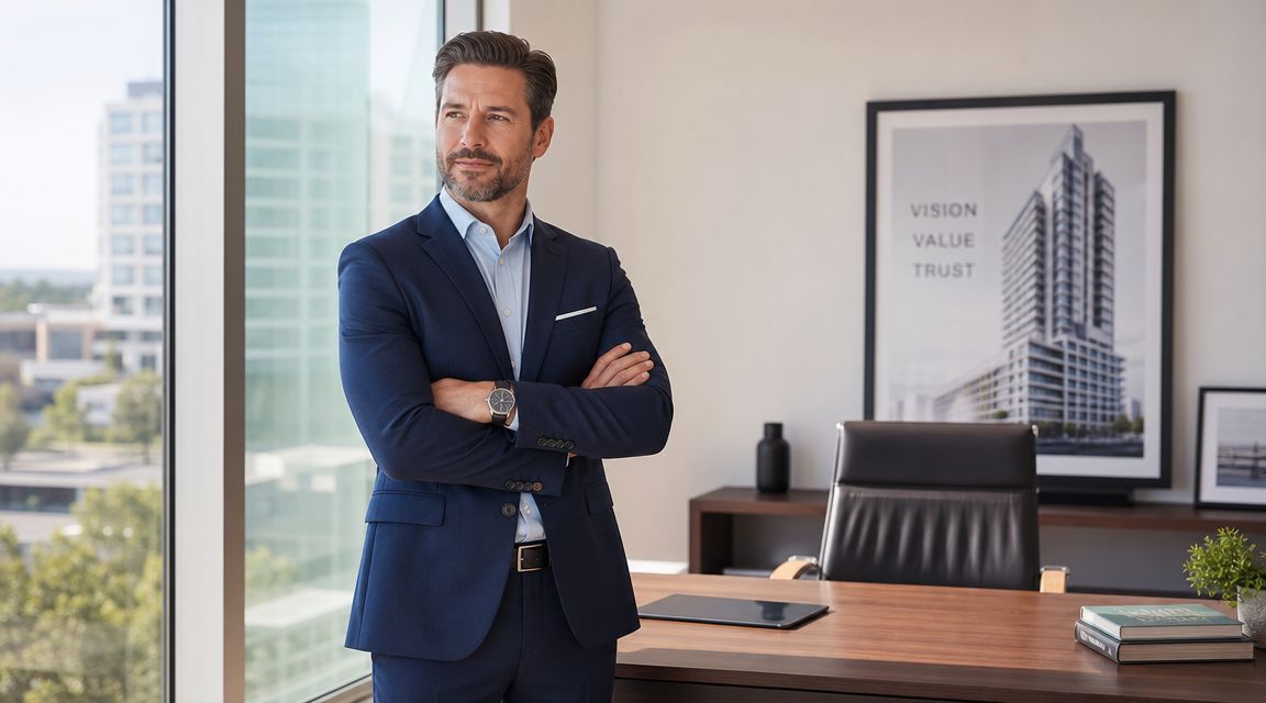 Un gestionnaire de biens immobiliers confiant en costume bleu dans son bureau moderne avec vue sur la ville.