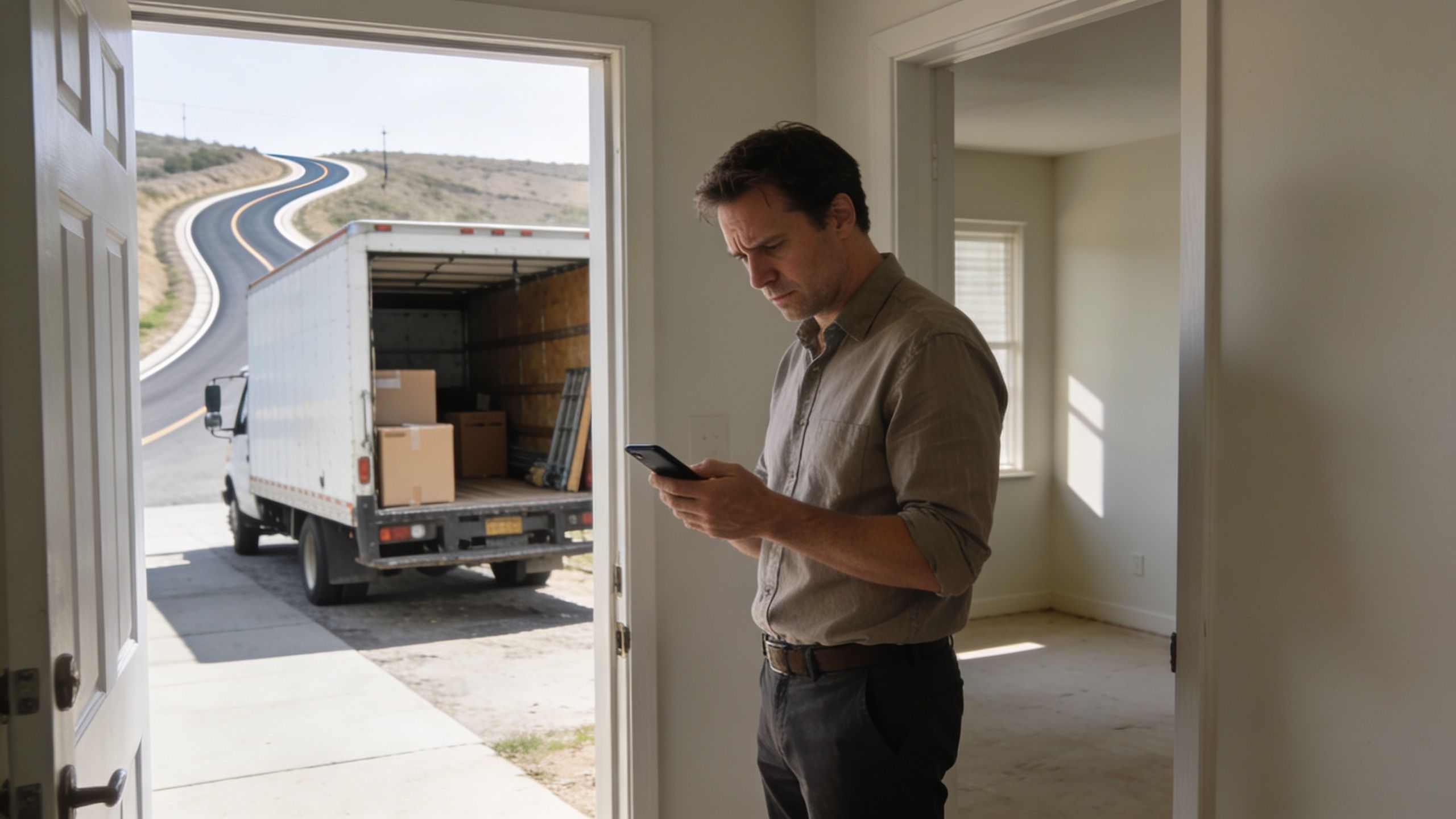 Un homme consultant son téléphone portable devant une maison vide avec un camion de déménagement à l'extérieur.
