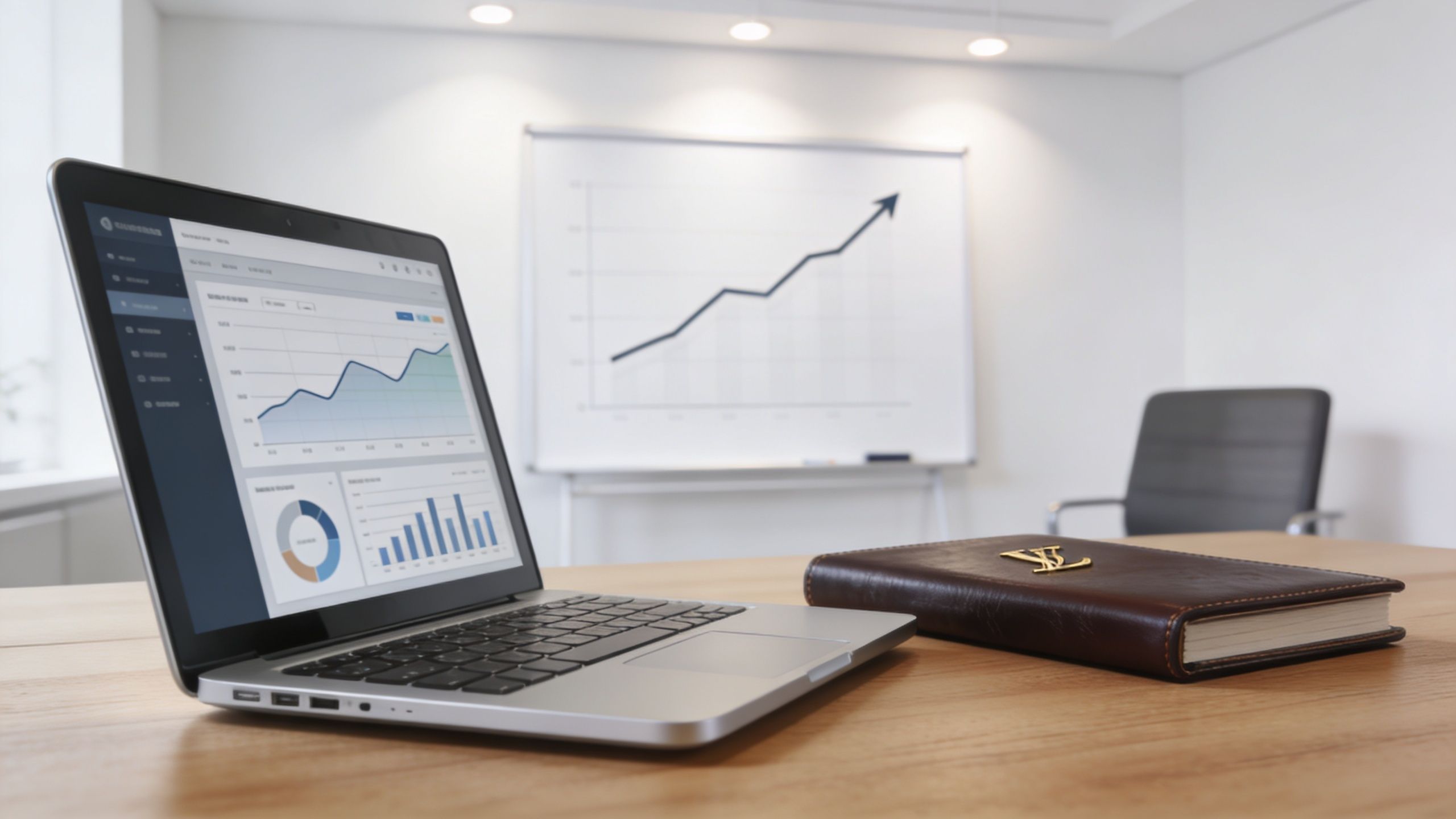 Ordinateur portable ouvert sur une table en bois affichant des graphiques financiers dans un bureau moderne lumineux.