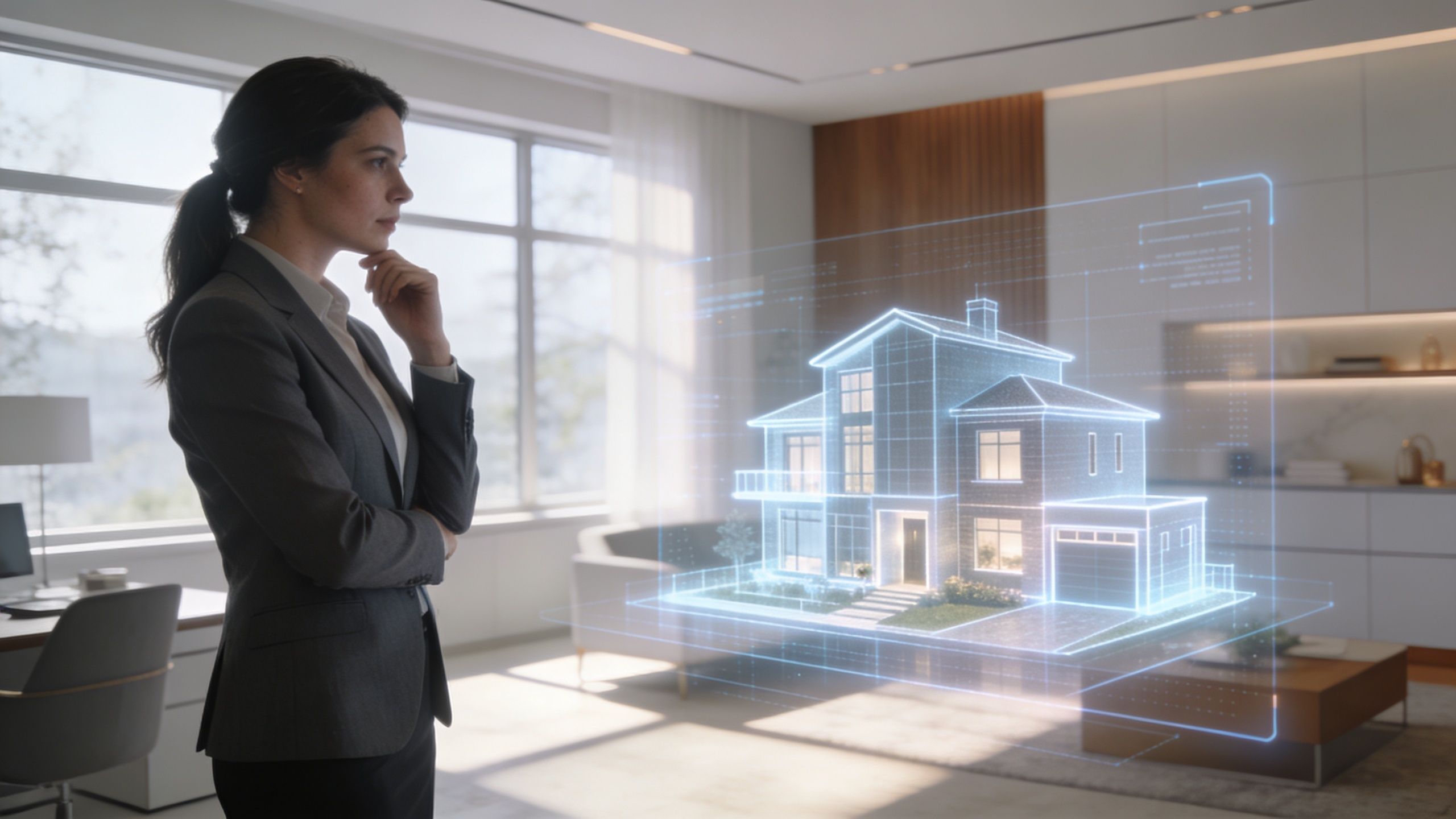 Une agente immobilière réfléchit en observant un hologramme 3D représentant une maison moderne dans son bureau.