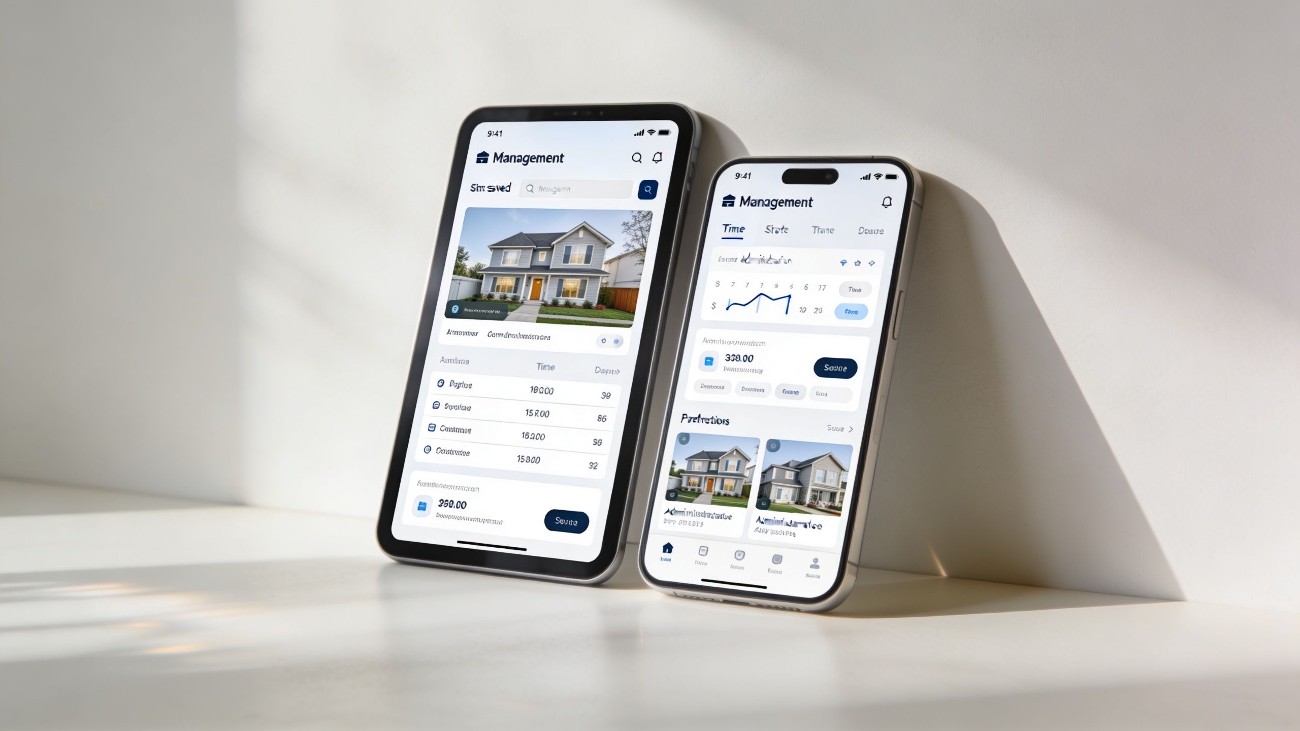 Deux smartphones affichant une application de gestion immobilière moderne posés sur une surface blanche éclairée.