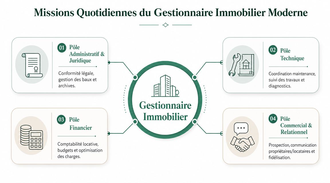 Schéma illustrant les quatre missions principales du gestionnaire immobilier moderne : administratif, technique, financier et commercial.