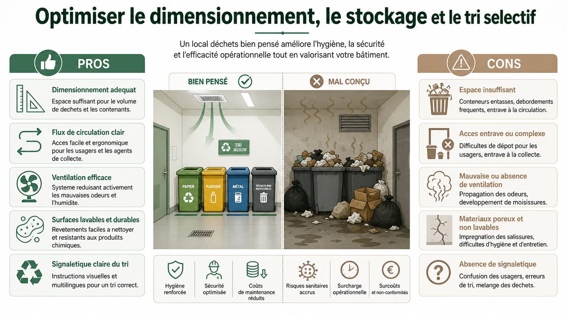 Infographie comparant un local poubelle bien conçu et propre à un local mal organisé et insalubre.