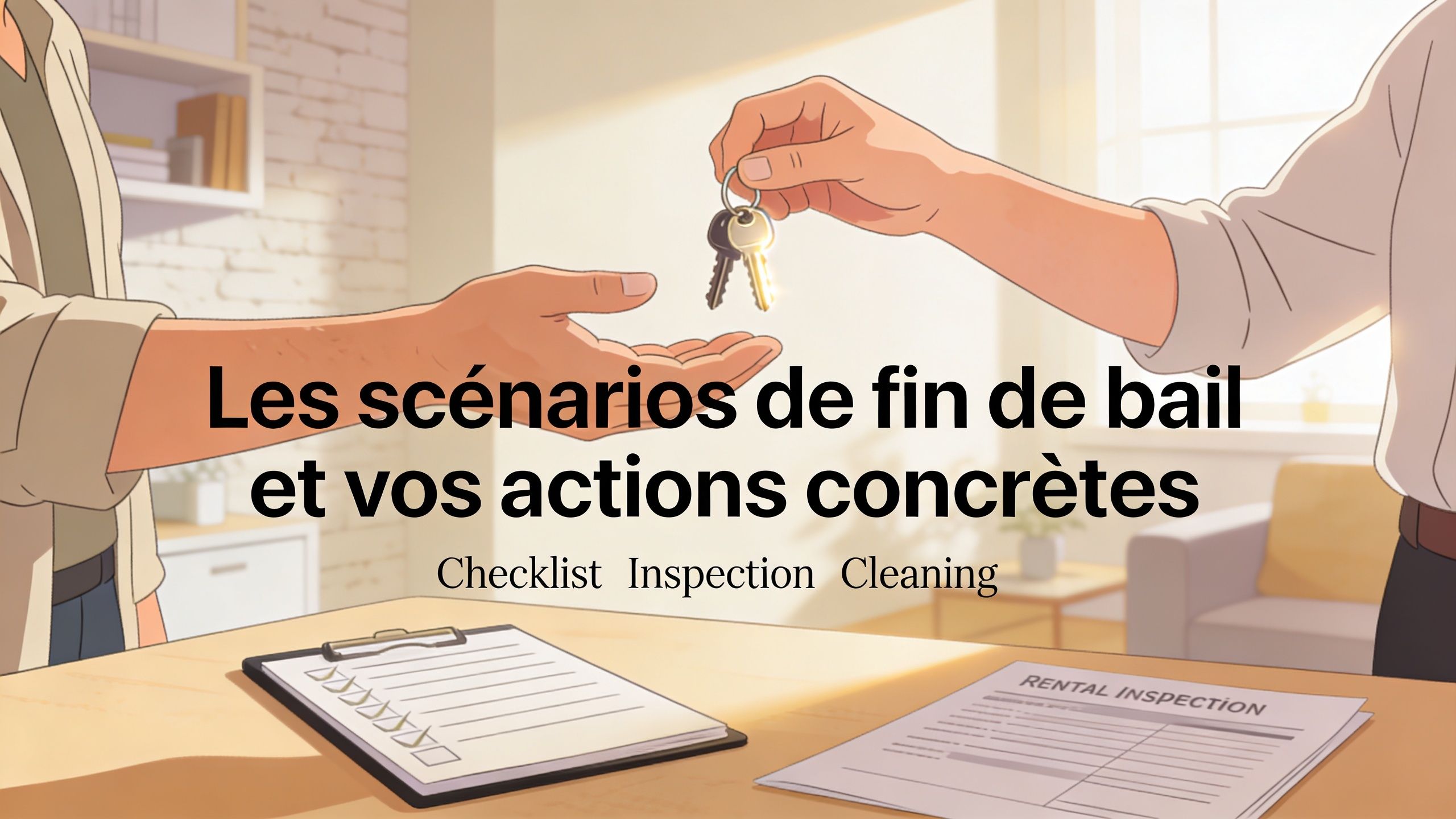 Une main remet des clés à une autre personne avec des formulaires d'inspection de bail sur le bureau.