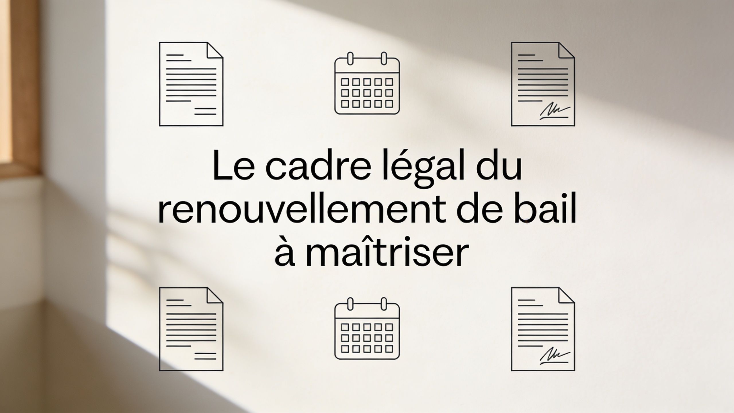 Illustration graphique présentant le titre Le cadre légal du renouvellement de bail à maîtriser avec des icônes.