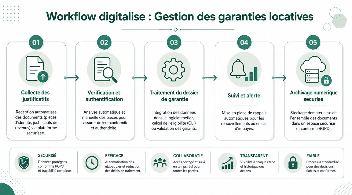 Workflow digitalisé pour la gestion des garanties locatives avec cinq étapes clés et avantages associés.
