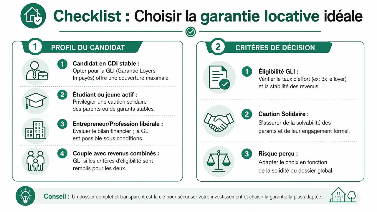 Infographie présentant une liste de contrôle pour choisir la garantie locative idéale en fonction du profil candidat.