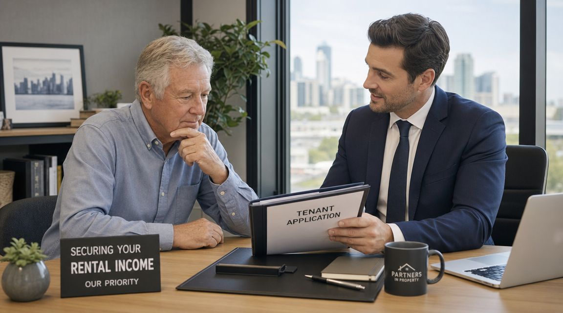 Un gestionnaire immobilier en costume discute d'un dossier de location avec un client âgé au bureau.