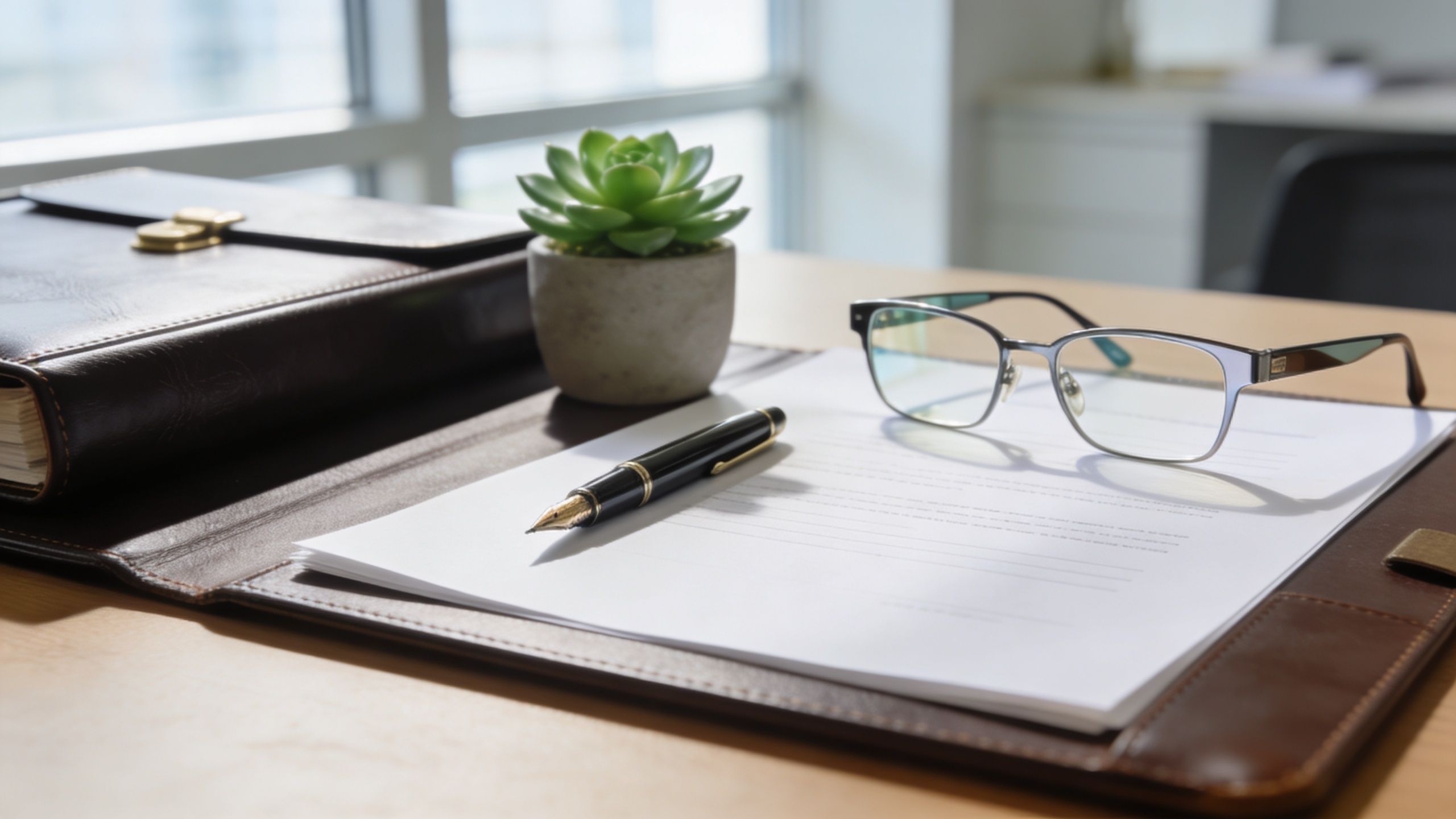 Un bureau professionnel avec une mallette, un stylo plume, des documents et une plante en pot.