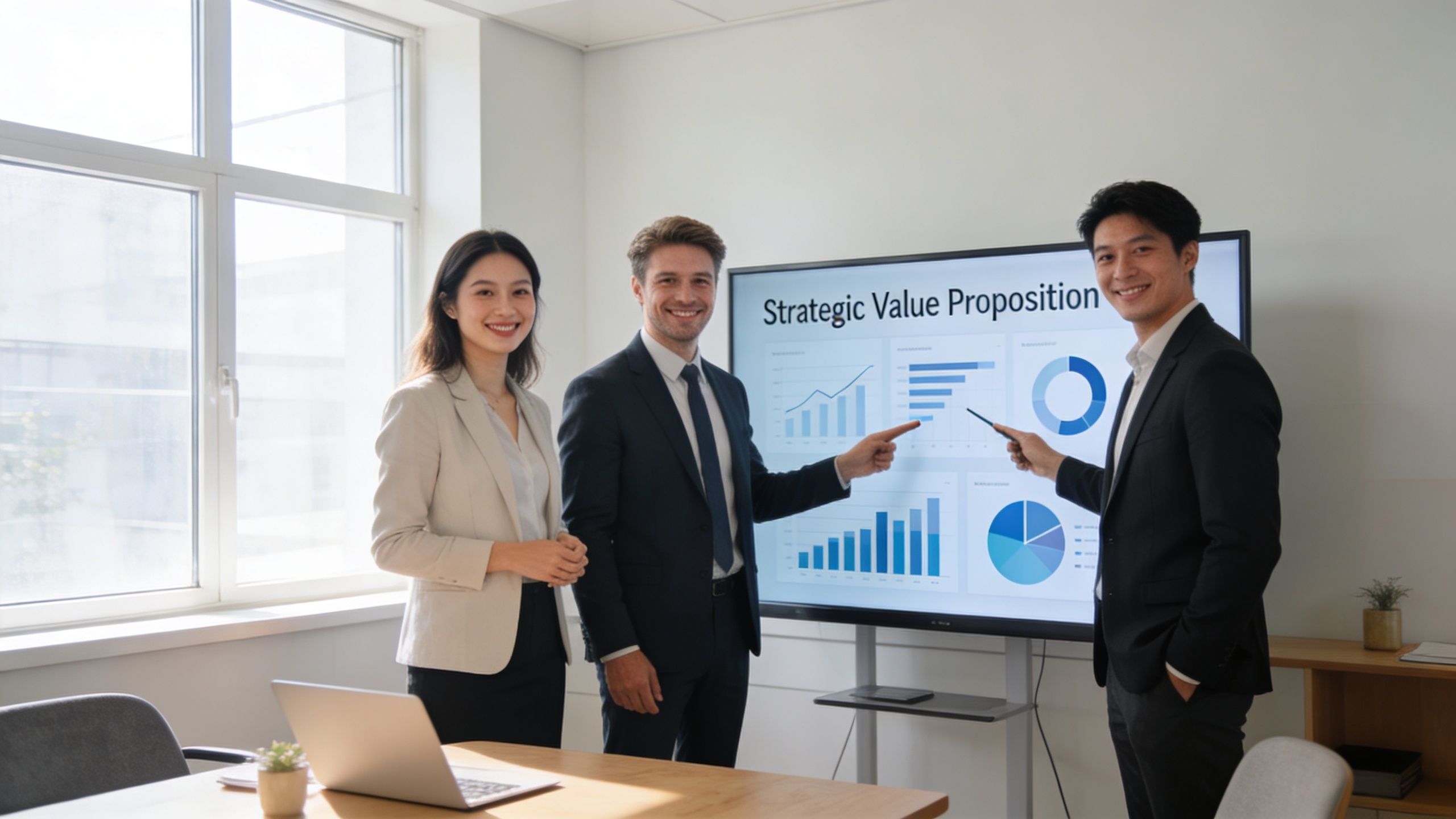 Une équipe de professionnels en costume présente une stratégie commerciale avec des graphiques sur un écran numérique.
