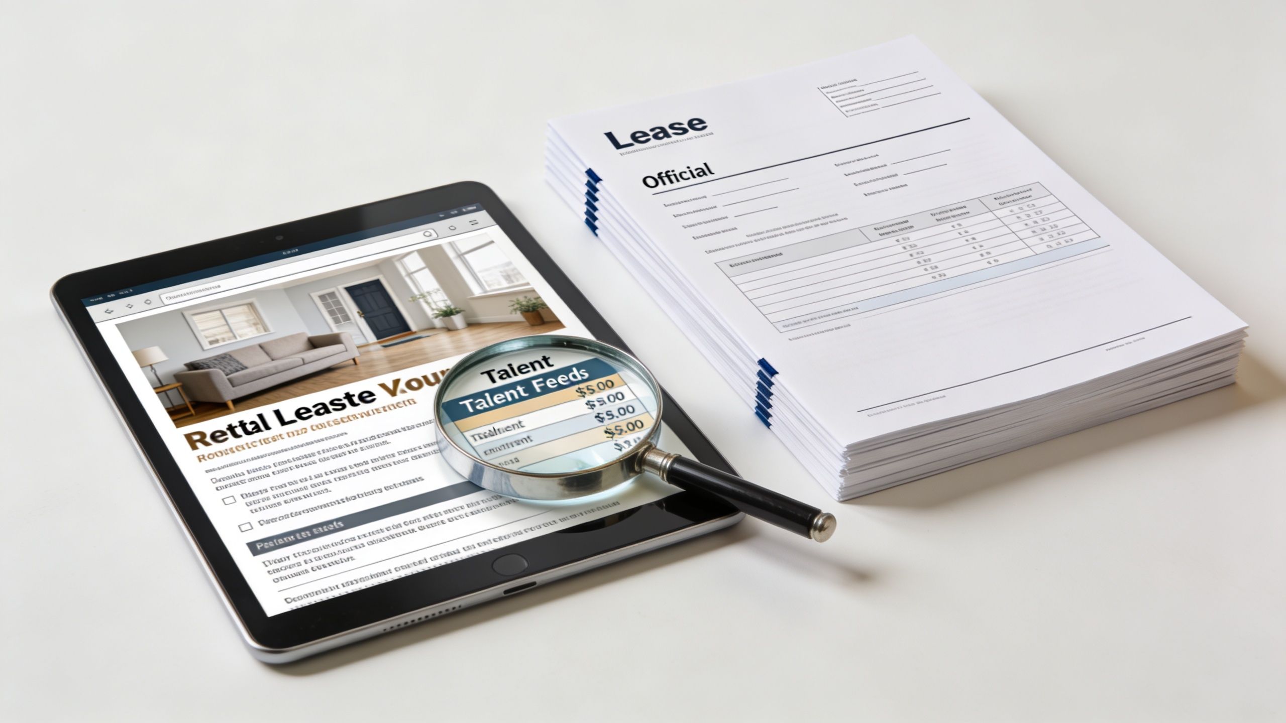 Une tablette affichant des informations sur la location immobilière avec une loupe et un bail papier.