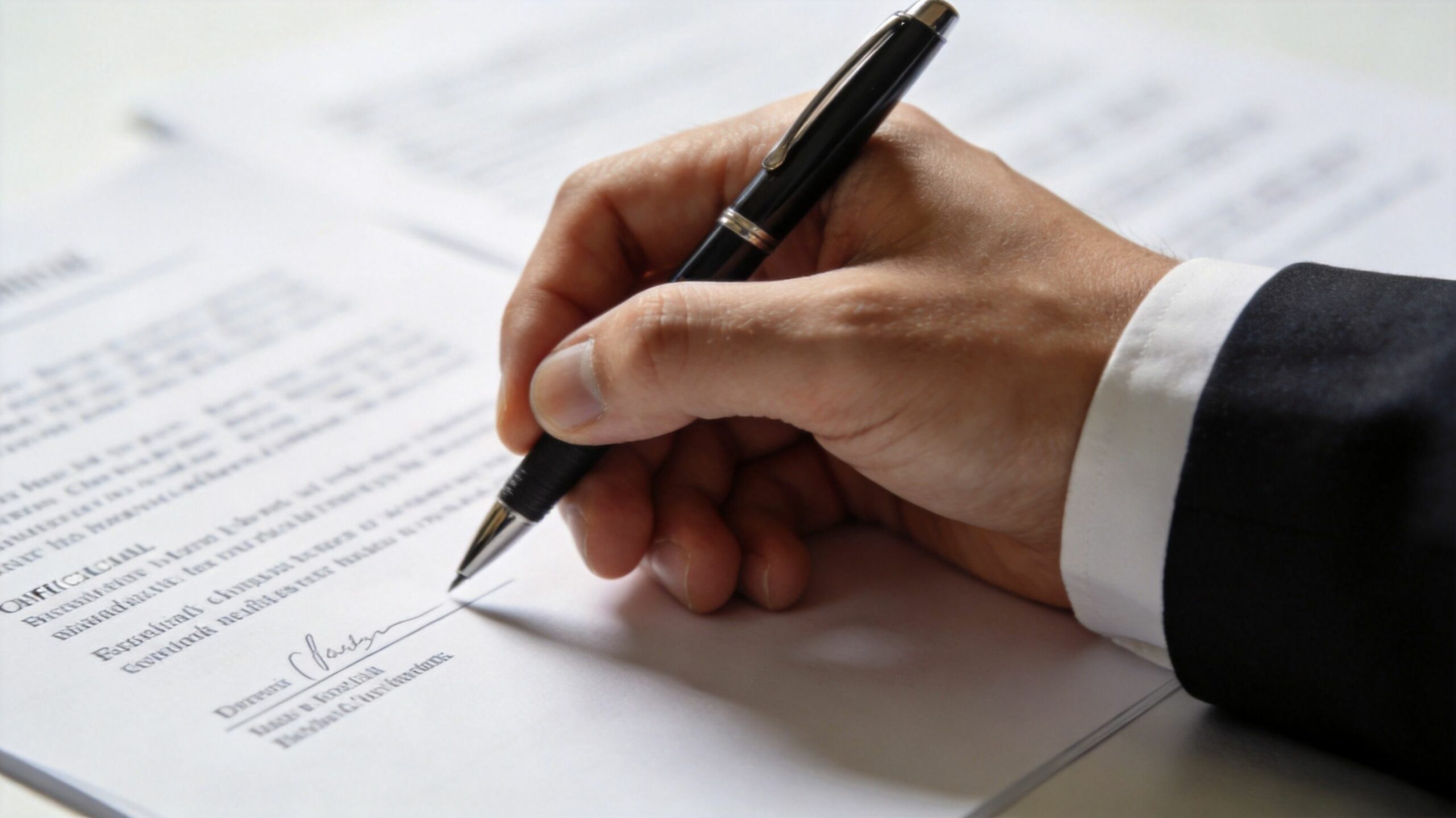 Une main en costume signant un document officiel avec un stylo plume noir sur une table blanche.