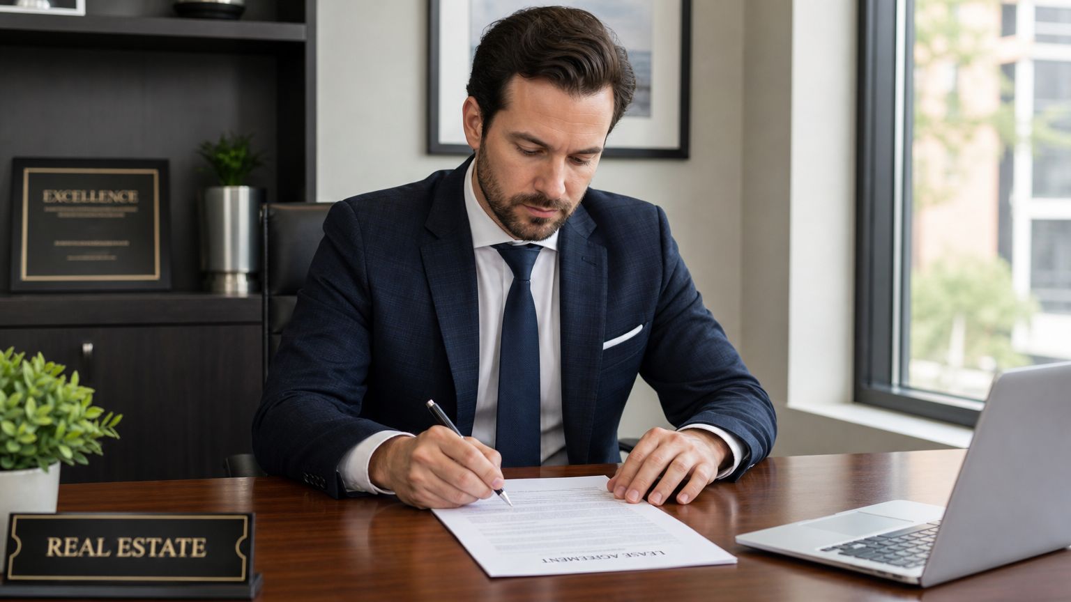 Un agent immobilier en costume signe un modèle de bail de location non meublé sur son bureau.