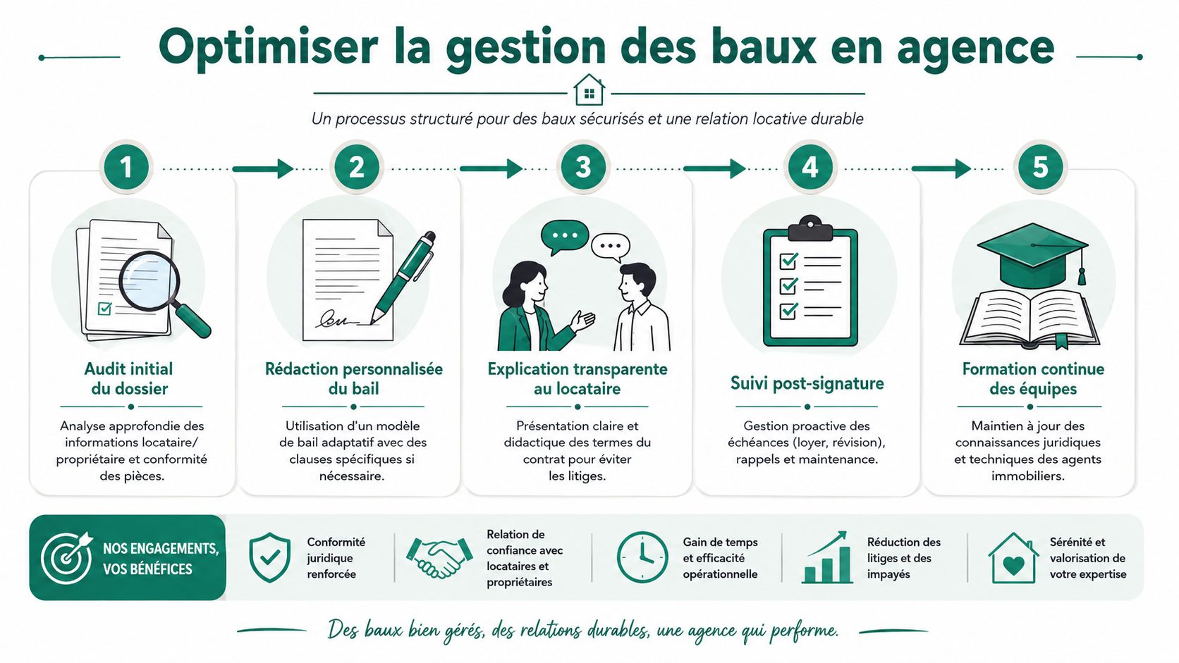 Infographie illustrant les cinq étapes clés pour optimiser la gestion des baux au sein d'une agence immobilière.