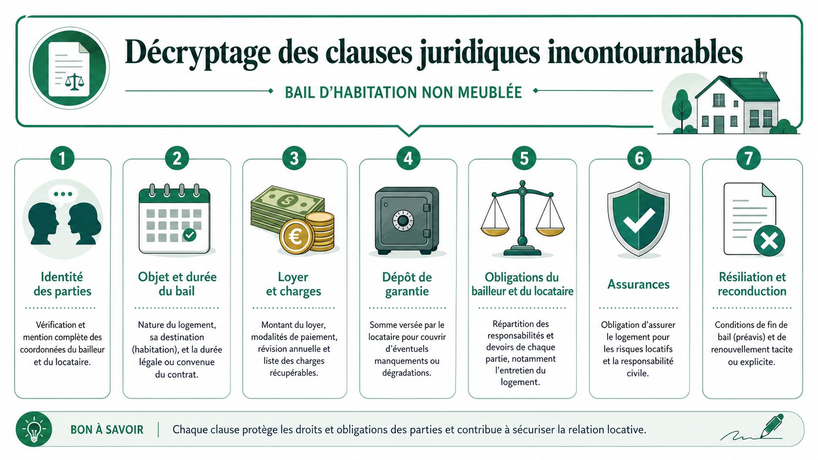 Infographie décrivant les sept clauses juridiques essentielles pour un contrat de bail d'habitation non meublée en France.