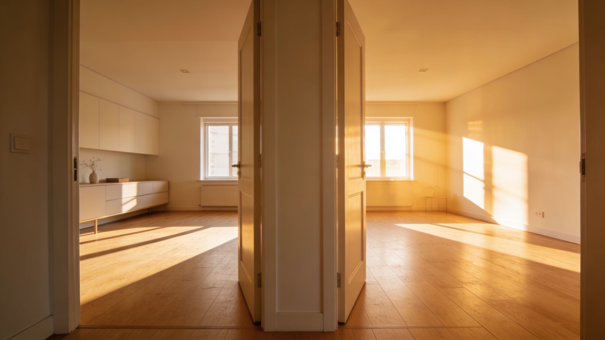 Deux pièces lumineuses et vides avec parquet en bois et portes ouvertes donnant sur des fenêtres ensoleillées.