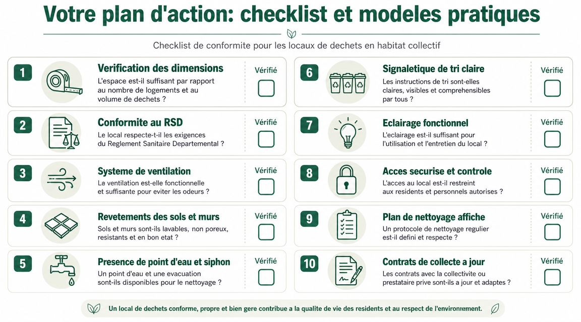 Checklist de conformité pour les locaux de déchets en habitat collectif listant dix points de contrôle essentiels.