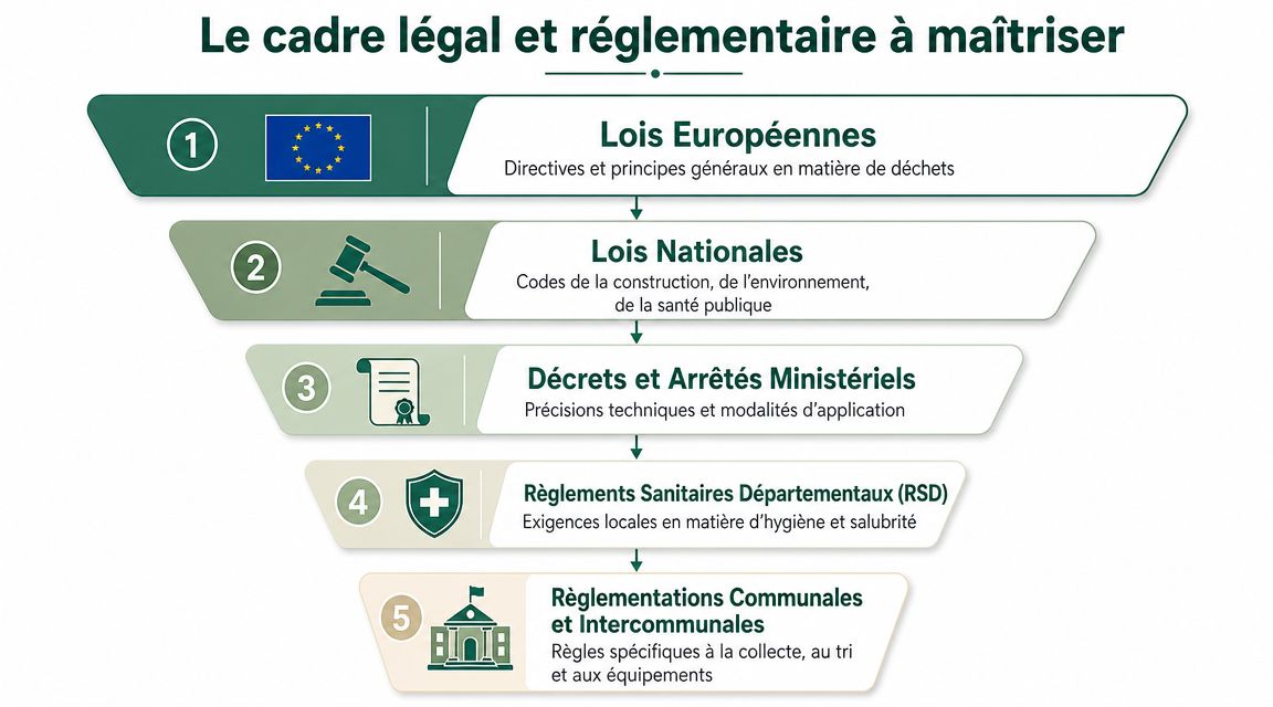 Schéma pyramidal illustrant les cinq niveaux hiérarchiques du cadre légal et réglementaire pour la gestion des déchets.