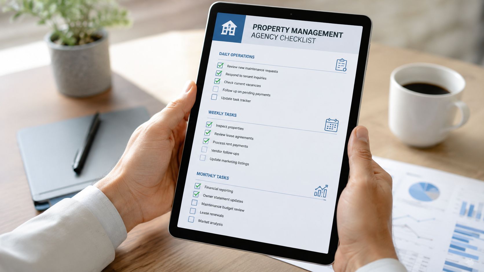 Une personne tenant une tablette affichant une liste de tâches de gestion immobilière dans un bureau professionnel.