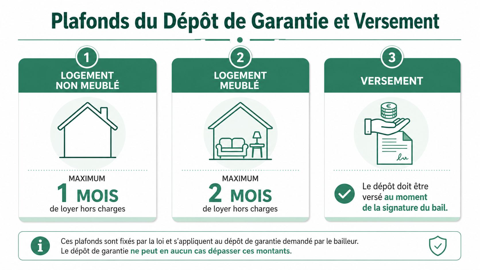 Infographie montrant le montant maximal légal du dépôt de garantie pour les locations meublées et non meublées.