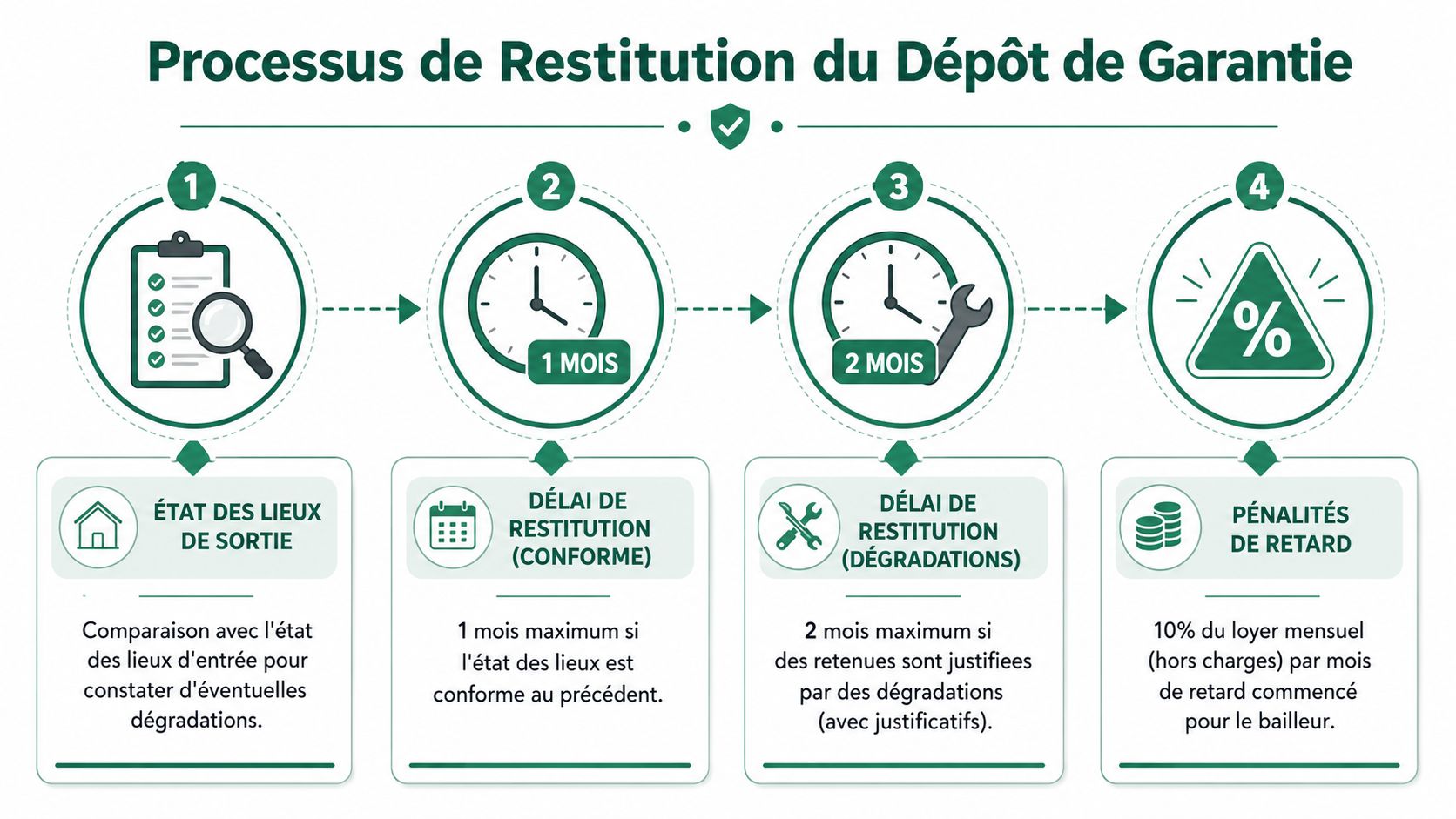 Infographie détaillant le processus légal de restitution du dépôt de garantie après un état des lieux.