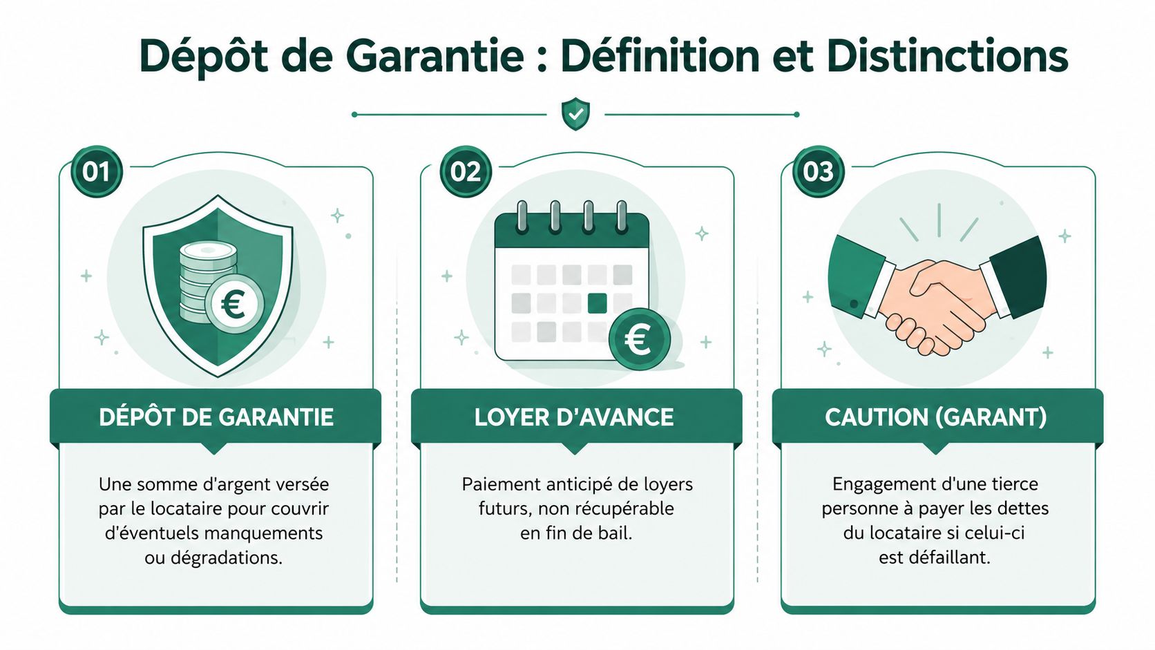 Infographie explicative présentant les différences entre dépôt de garantie, loyer d'avance et caution pour une location immobilière.