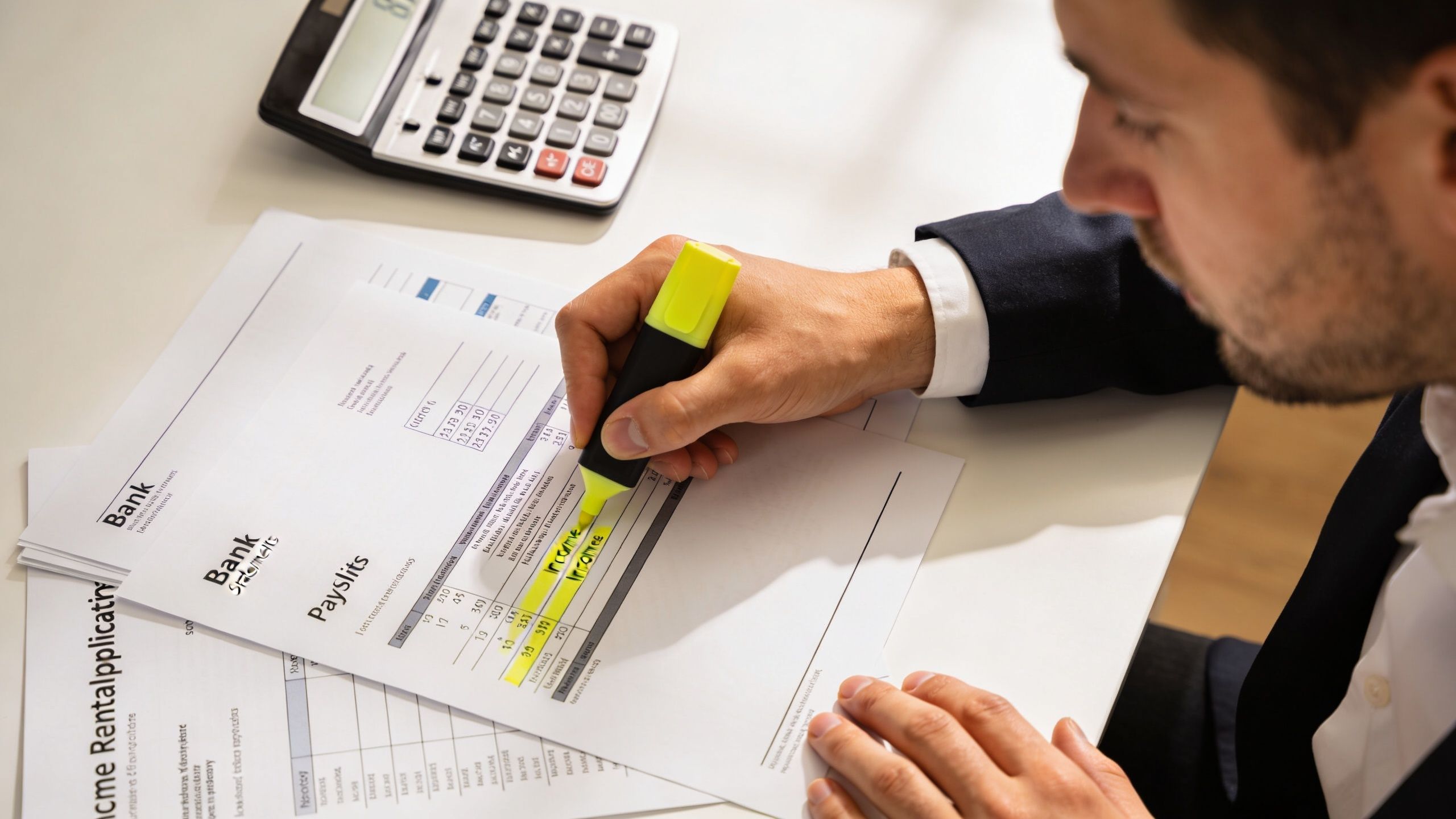 Un homme d'affaires examine des documents financiers et des bulletins de paie avec un surligneur jaune.