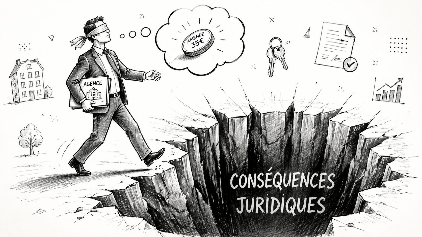 Homme d'affaires aveuglé marchant vers un gouffre représentant les risques et conséquences juridiques d'une location immobilière.