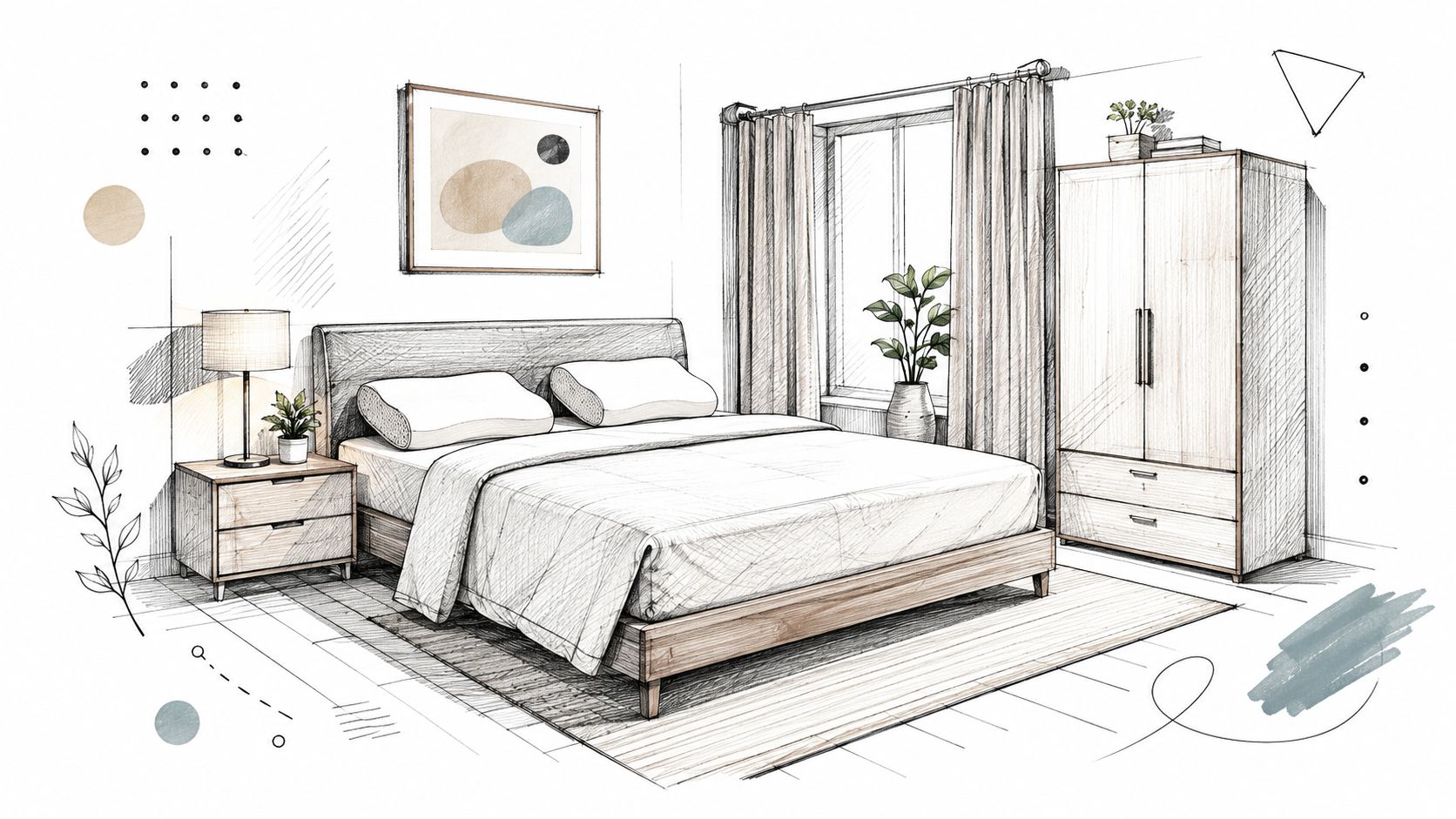 Esquisse artistique d'une chambre moderne et confortable avec un lit, une table de chevet et une garde-robe.