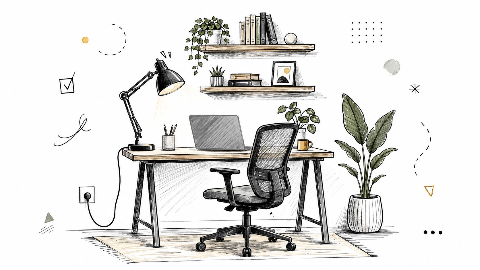 Une illustration d'un bureau de travail organisé avec ordinateur portable, chaise de bureau et plantes décoratives.