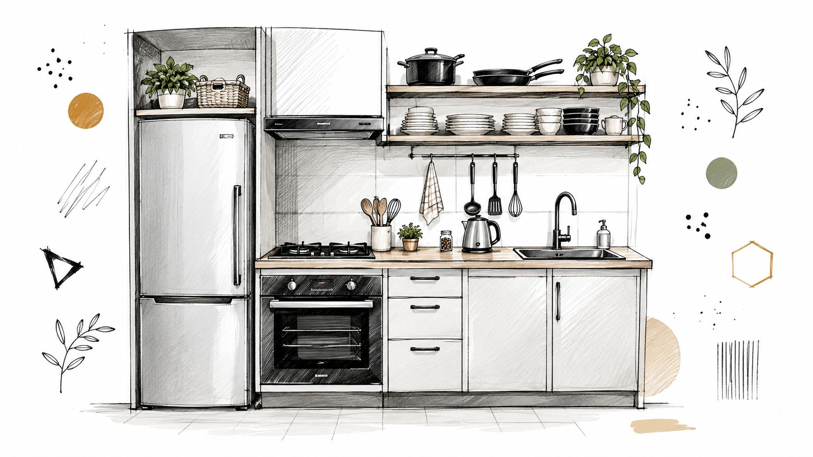 Un croquis détaillé d'une cuisine moderne et fonctionnelle avec des appareils en inox et des étagères ouvertes.