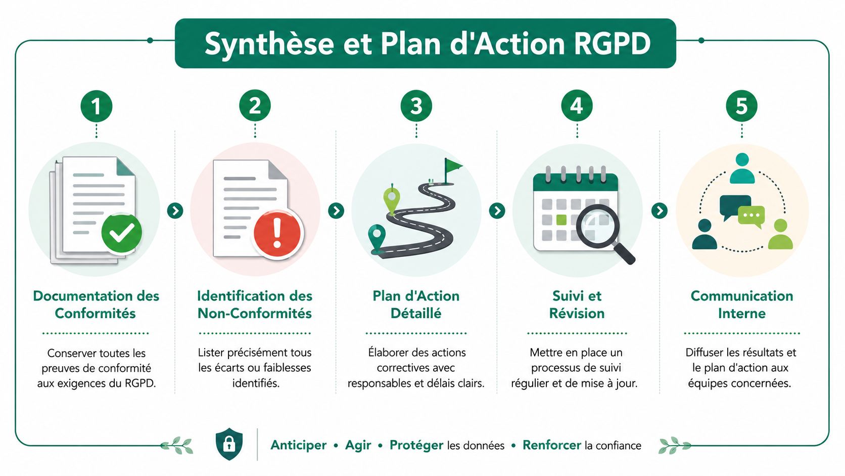 Infographie illustrant les cinq étapes clés d'un plan d'action pour la mise en conformité RGPD en entreprise.