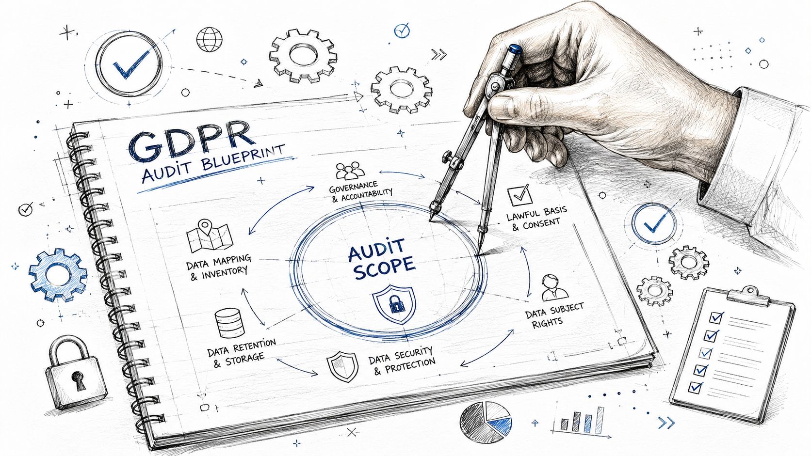 Une main dessinant le plan d'audit de conformité RGPD montrant les étapes clés de protection des données.