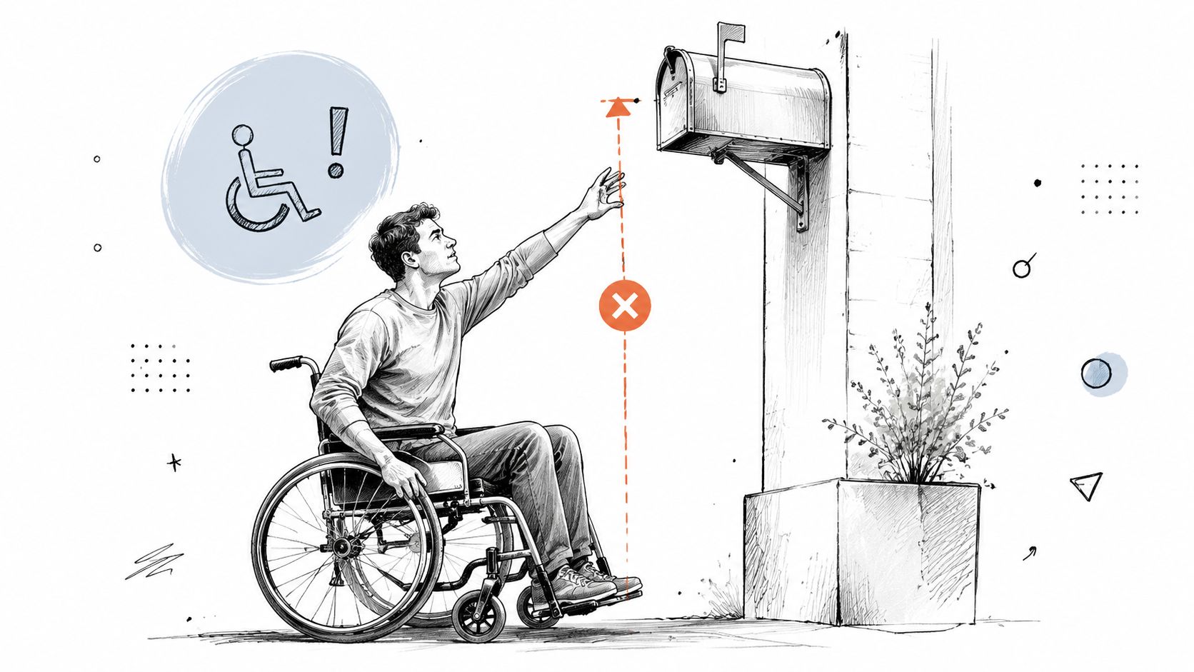 Homme en fauteuil roulant rencontrant des difficultés à atteindre une boîte aux lettres installée trop haut.
