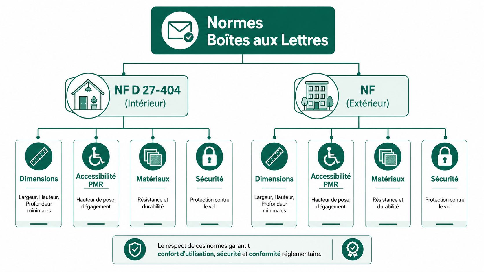 Schéma explicatif présentant les normes obligatoires pour les boîtes aux lettres intérieures et extérieures en France.