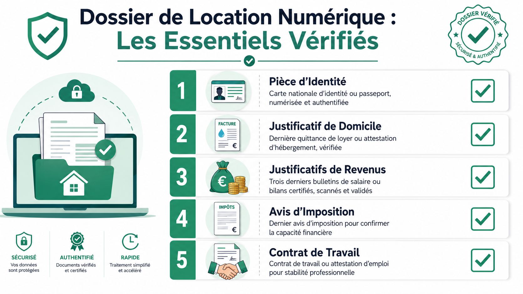Infographie présentant les documents essentiels pour constituer un dossier de location numérique sécurisé et vérifié.