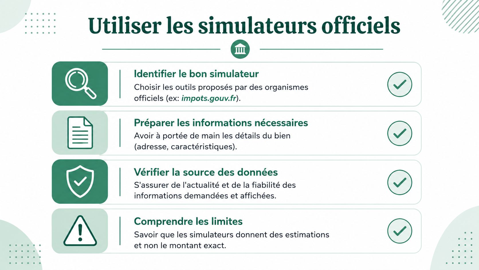 Une infographie avec quatre conseils pour utiliser les simulateurs officiels afin d'estimer vos impôts et taxes immobilières.