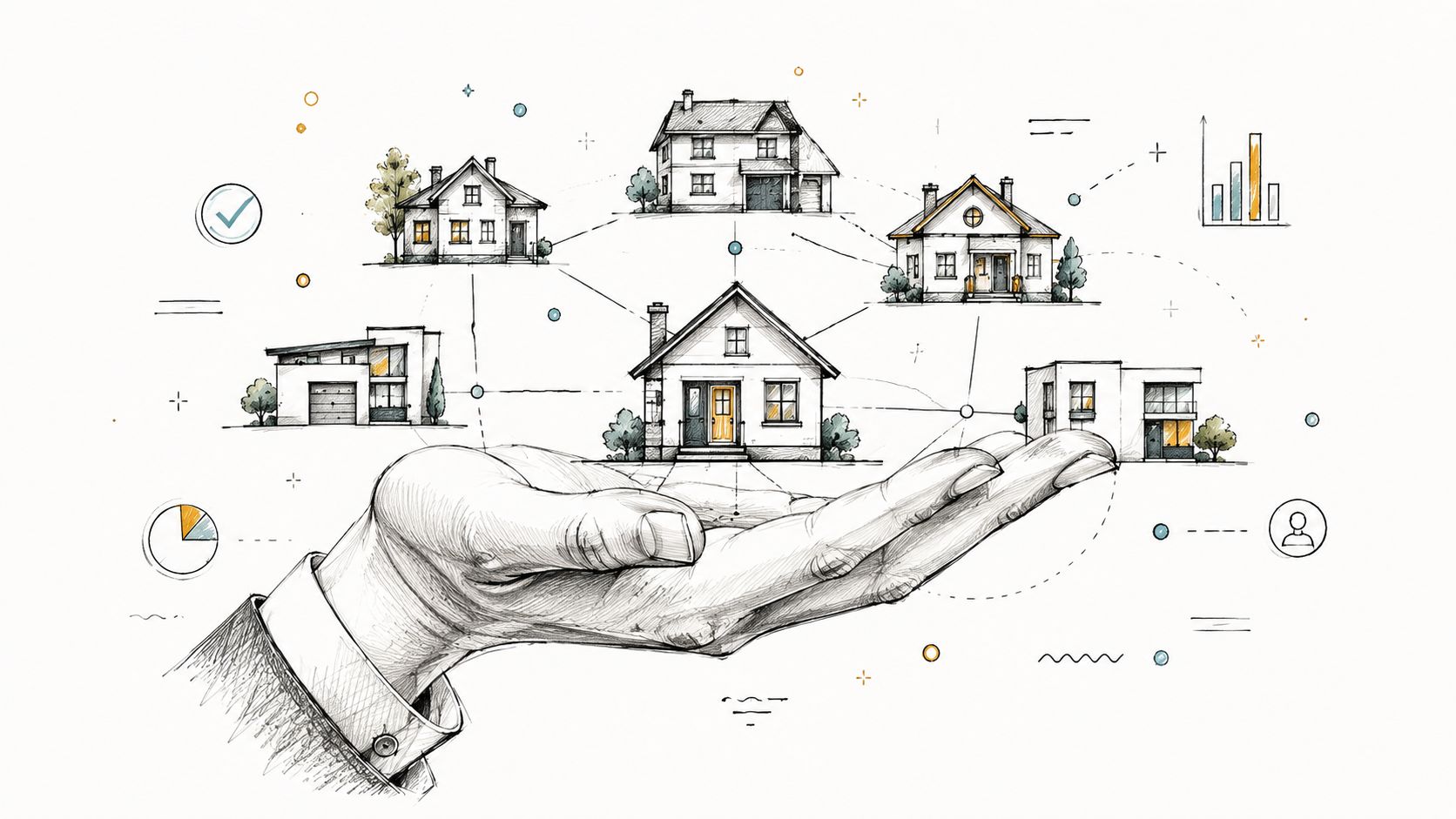 Une main dessinée tenant plusieurs maisons schématisées pour illustrer le calcul et la simulation de taxe foncière.
