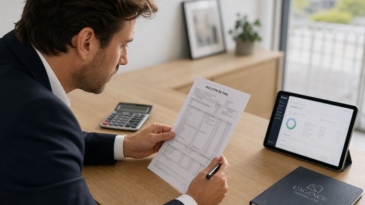 Un homme d'affaires examine un bulletin de paie dans un bureau moderne avec une tablette et calculatrice.