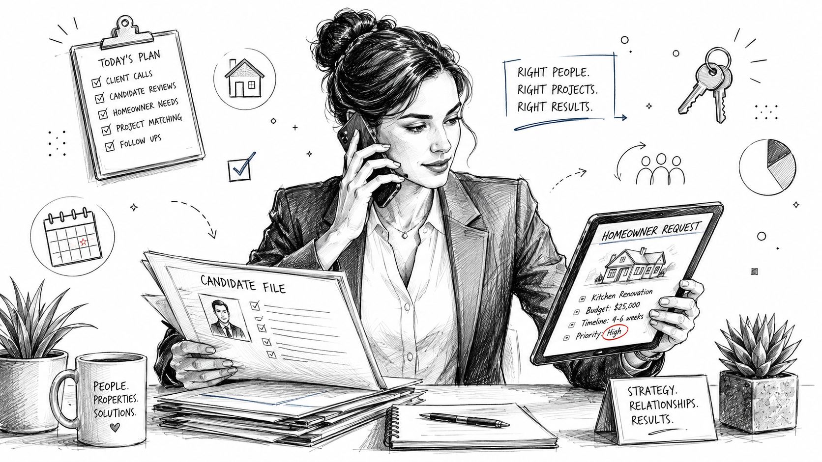 Une professionnelle de l'immobilier gère des demandes de candidats et de propriétaires sur son bureau organisé.