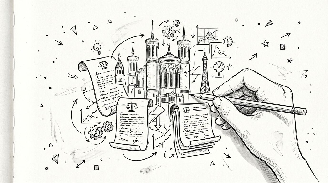Dessin artistique illustrant une gestion immobilière à Lyon avec des documents juridiques, des graphiques et la basilique Fourvière.