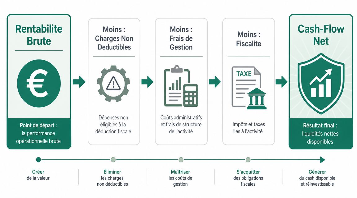 Infographie illustrant le calcul du cash-flow net en immobilier à partir de la rentabilité brute initiale.