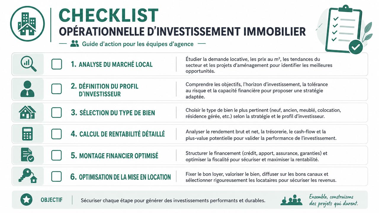 Checklist opérationnelle d'investissement immobilier détaillant six étapes clés pour accompagner les agences dans leurs projets d'investissement.