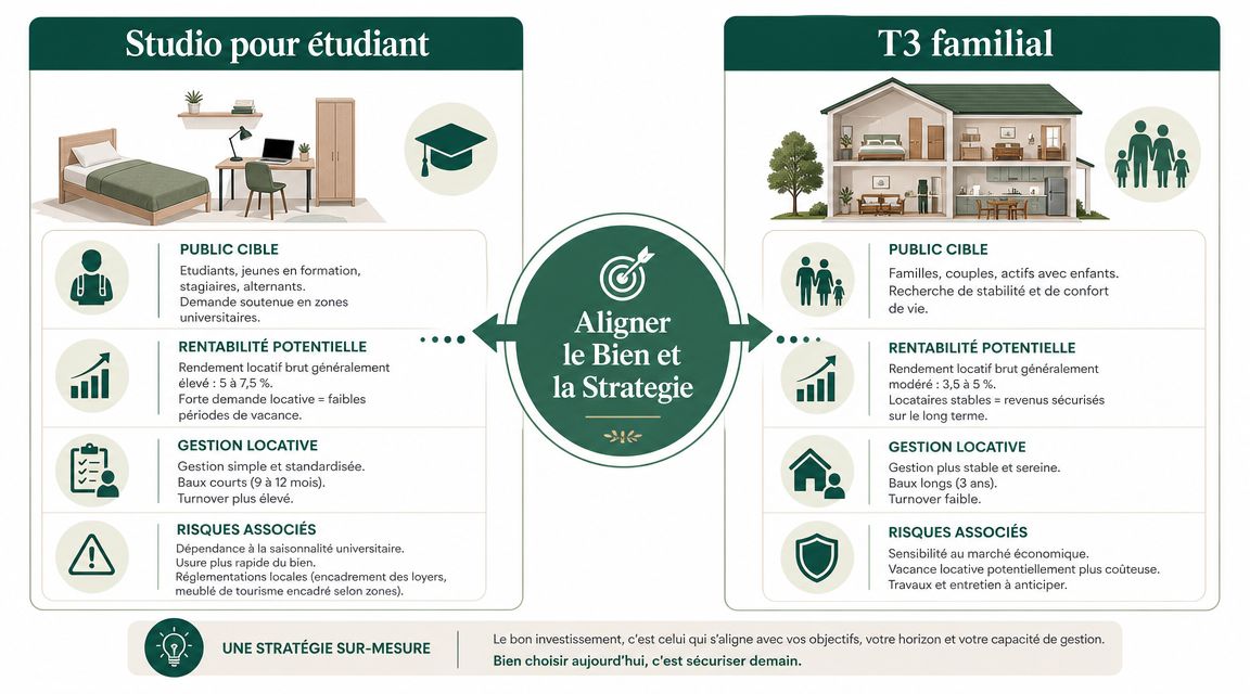 Comparaison entre l'investissement dans un studio étudiant et un appartement familial T3 pour l'immobilier locatif.